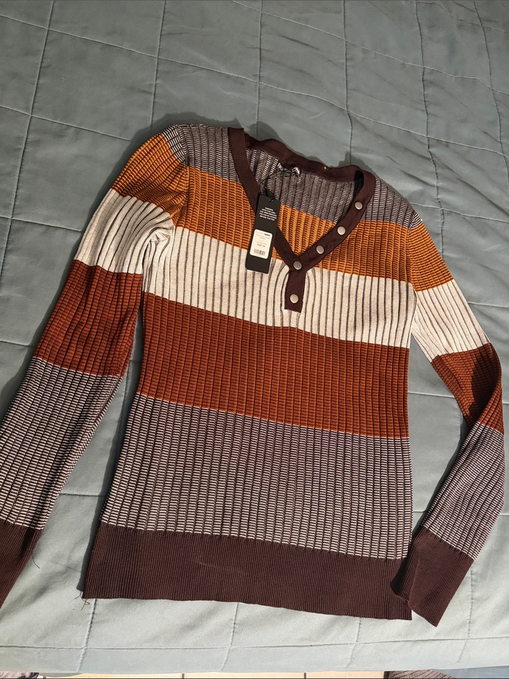 Fashion Nova Striped V-Neck Sweater - Brown, Rust, Cream & Mustard